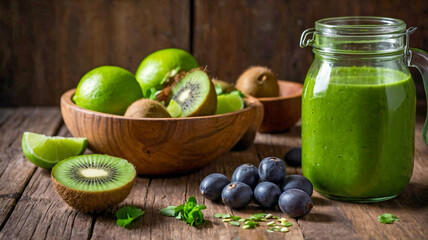 Green smoothie made from limes, kiwis, and blueberries displayed in wooden bowl on rustic wooden table. Fresh ingredients create healthy drink concept for cafes, juice bars, and health food shops