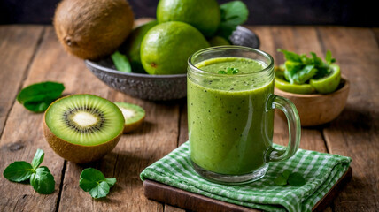 Fresh green smoothie with kiwi and lime in glass mug placed on wooden table. Surrounding fresh fruits include kiwi and lime slices. Concept of healthy lifestyle, nutrition, wellness