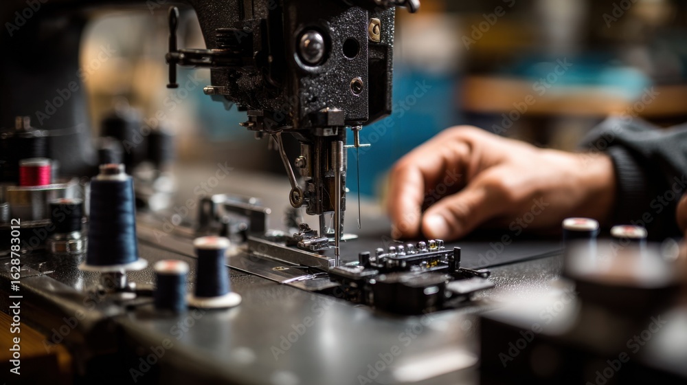 Poster medium shot highlighting the operators hand adjusting the servo speed controller on a classic sewing