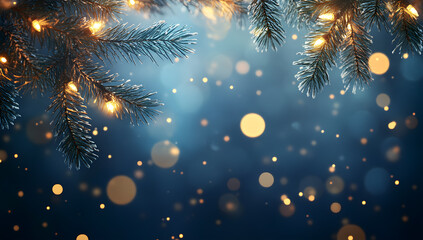 Christmas tree branches with warm lights and bokeh on a dark blue background
