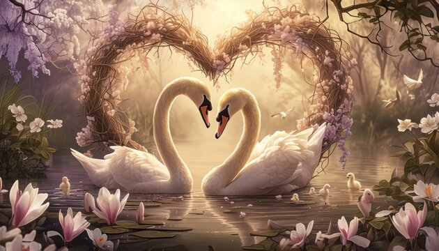 A devoted pair of black swans kiss in the shape of a heart against a nighttime lake and nest.
