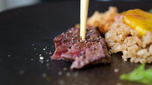 Steak rice vegetables Milanese steak with rice. High quality 4k footage