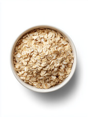 Bowl of oatmeal flakes isolated on a white background, food photography
