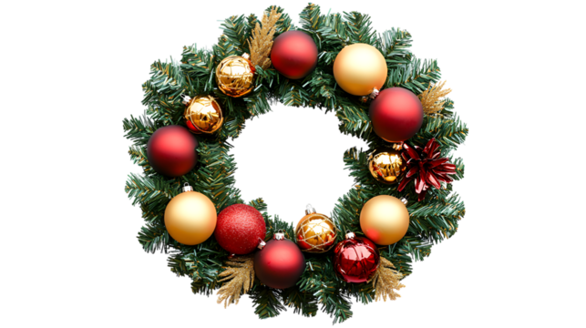 Christmas wreath with red and gold ornaments isolated on a transparent background