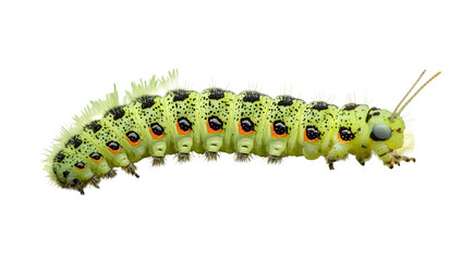 Close-up of a green caterpillar isolated on a transparent background