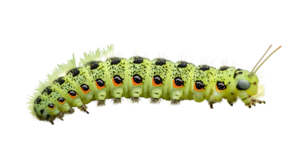 Close-up of a green caterpillar isolated on a transparent background