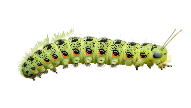 Close-up of a green caterpillar isolated on a transparent background