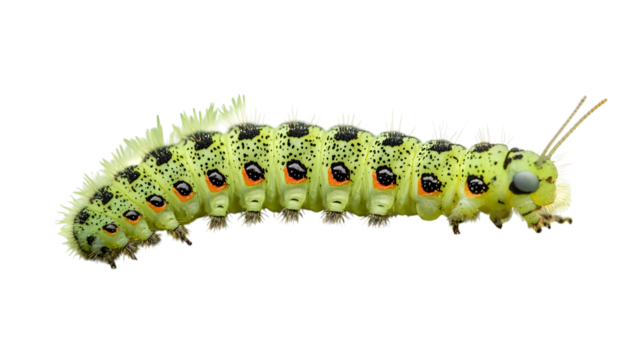 Close-up of a green caterpillar isolated on a transparent background