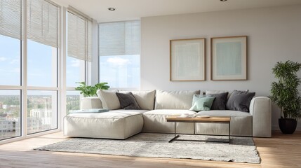 Fototapeta premium bright modern living room with comfortable corner couch artwork coffee table window blinds and rug no logos no brands ar 169