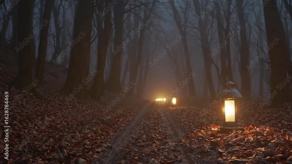 Poster a dark forest with a path lit by lanterns