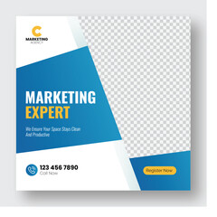 Creative marketing expert social media post template with blue gradient and placeholder image