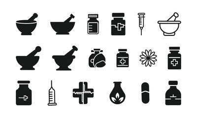 Pharmacy and Herbal Medicine Icon Set Mortar and Pestle, Syringe, Pill Bottle, Herbal Symbols Vector.