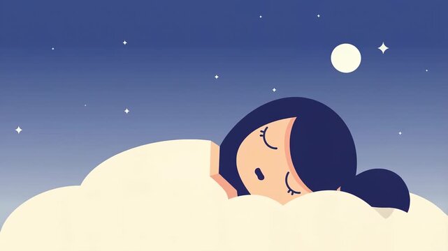 Flat vector character sleeps peacefully on a cloud-shaped bed, Z-icons rise and dissolve slowly, background fades into gradient night sky with animated stars and moon shifting slightly