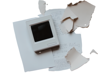White background, sticker-style, white Polaroid with a black screen on the back, a small piece of paper sticking out from the Polaroid 