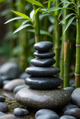 Obraz premium Basalt stones stacked in balanced formation near tranquil water with green bamboo in background. Serene environment promotes relaxation and mindfulness. Concept of wellness, spa, landscaping