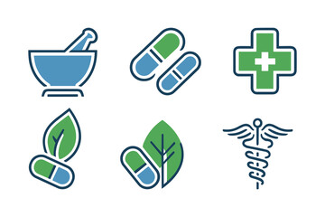 Pharmacy and Herbal Medicine Icon Set Mortar and Pestle, Syringe, Pill Bottle, Herbal Symbols Vector.