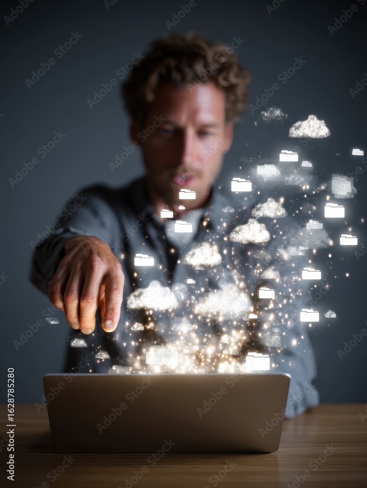 Poster a caucasian male user points at glowing folder icons flying into a cloud over a laptop concept of se