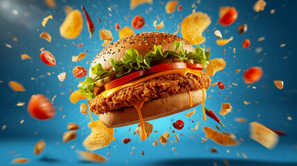 Crispy chicken sandwich adorned with fresh toppings and vibrant colors