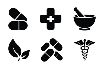 Pharmacy and Herbal Medicine Icon Set Mortar and Pestle, Syringe, Pill Bottle, Herbal Symbols Vector.