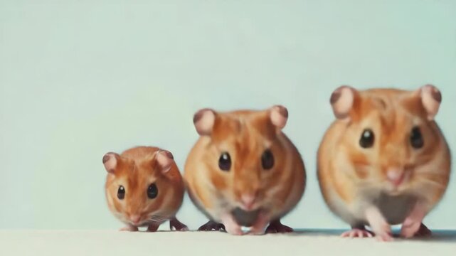 Three gerbils posing together for a photo. From left to right: baby, mother, and father.