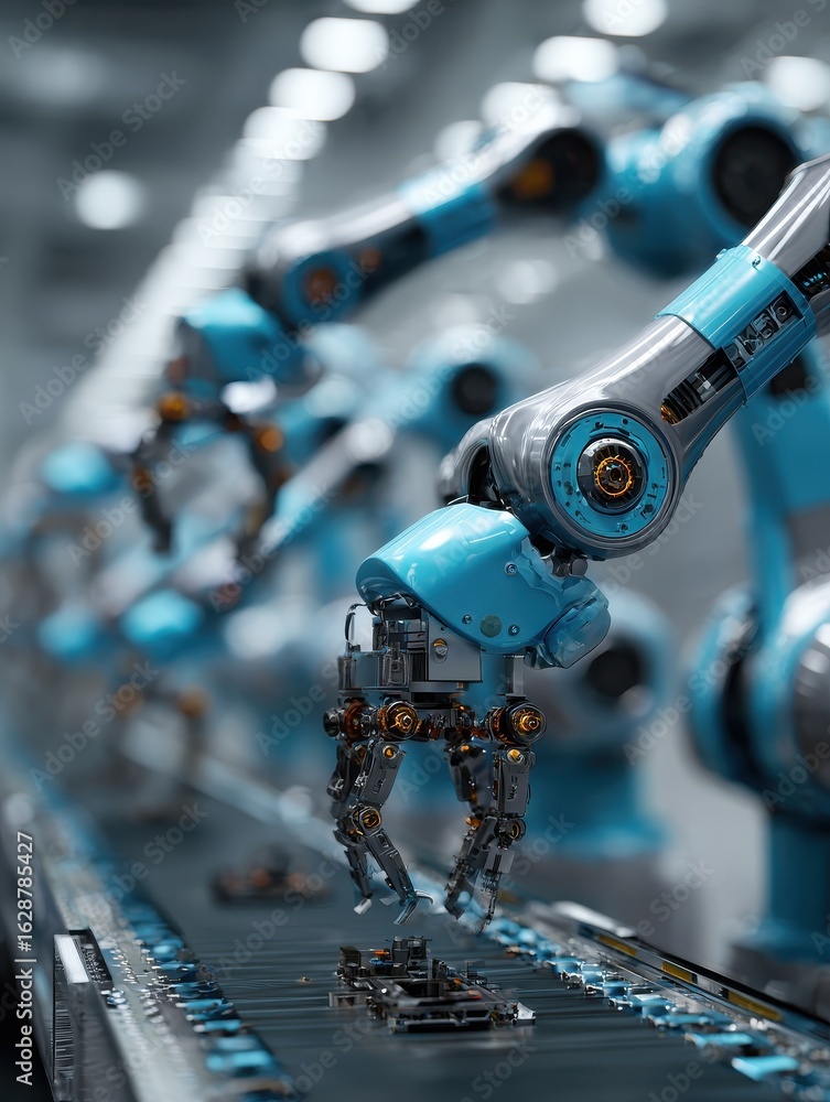Poster automated robotic arms working on an assembly line in a modern factory highlighting advanced manufac