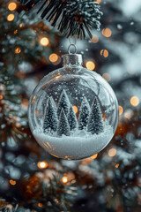 Beautiful glass ornament captures snowy forest scene on Christmas tree