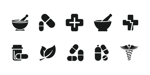 Pharmacy and Herbal Medicine Icon Set Mortar and Pestle, Syringe, Pill Bottle, Herbal Symbols Vector.