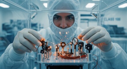 Highresolution image of a researcher wearing cleanroom gloves adjusting quantum optics on a satellite payload under a controlled atmosphere.