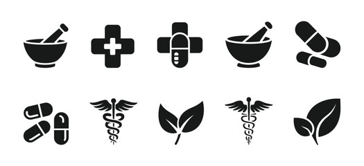 Pharmacy and Herbal Medicine Icon Set Mortar and Pestle, Syringe, Pill Bottle, Herbal Symbols Vector.