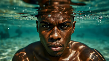Underwater portrait of a man with striking facial expression