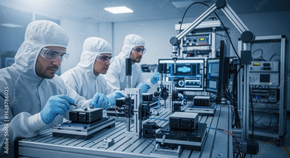 Poster engineers wearing protective gear calibrating solidstate lidar modules on an automated calibration p