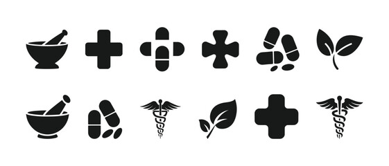 Pharmacy and Herbal Medicine Icon Set Mortar and Pestle, Syringe, Pill Bottle, Herbal Symbols Vector.
