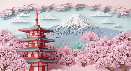 Japanese pagoda and cherry blossoms with mount fuji