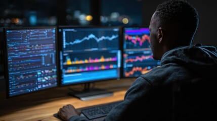 Intense investment banker finalizes financial forecasts and risk analyses at a workstation assembling compelling pitch decks that highlight growth potential for prospective