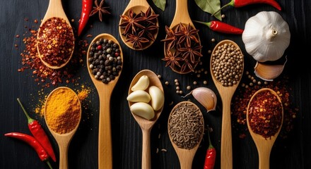 Assortment of spices and seasonings in wooden spoons