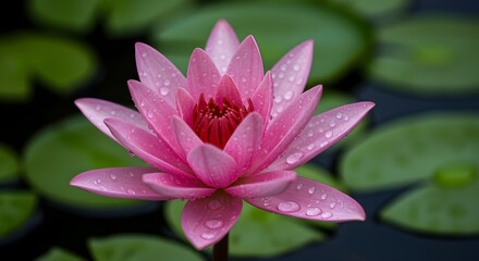 Pink water lily in full bloom with dew drops, showcasing natural beauty and serenity in a garden