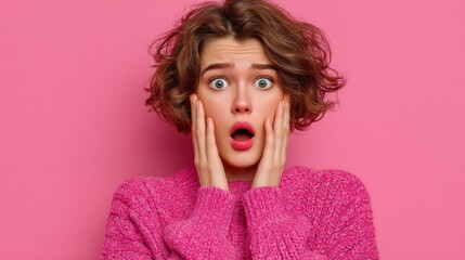 shocked surprised female model being scared by someone looks horrified recieves bad news from interlocutor isolated over pink background young woman in stupor realizes bad failure or mistake no logos