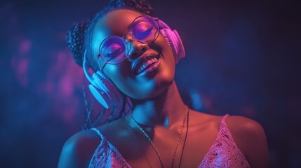 happy cool fashion funky african young black hipster lady wears trendy glasses headphones listening dance pop dj music standing in neon night club light at style party translation chicken laugh no lo