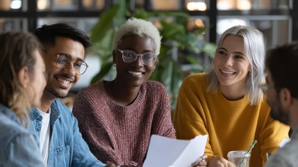 happy young african american woman brainstorming marketing ideas about project strategy among diverse multiracial coworkers business startup creative team or students group in office holding papers n