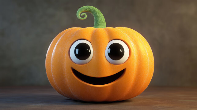 A cute pumpkin with big eyes and a smile stands on a dark gray background