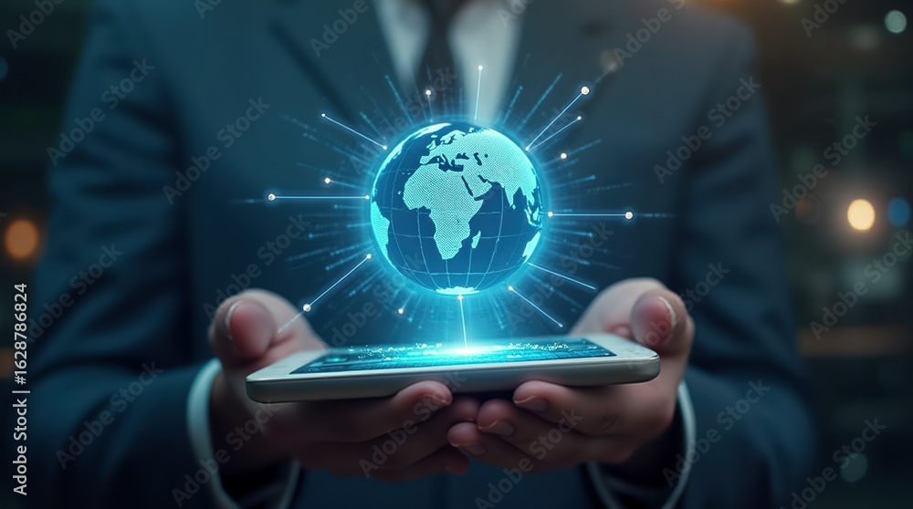 Poster hands hold smartphone showing illuminated globe representing worldwide network. high-tech atmosphere
