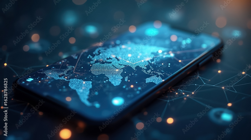Poster smartphone projects intricate global network with bright blue connections and world map design. dark