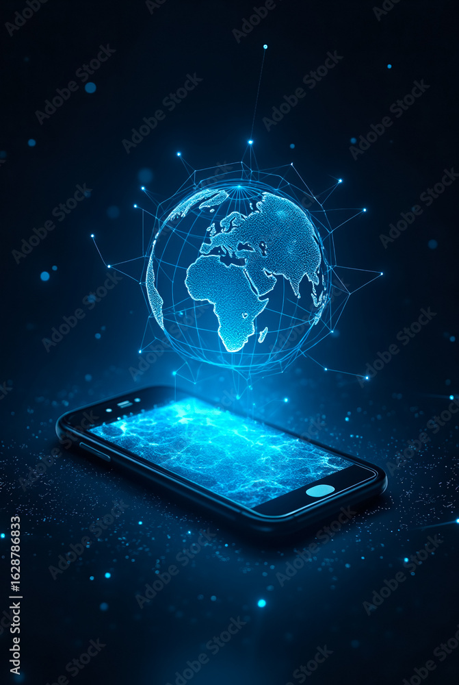 Poster smartphone projects luminous global network with detailed digital globe hovering above. dark backgro