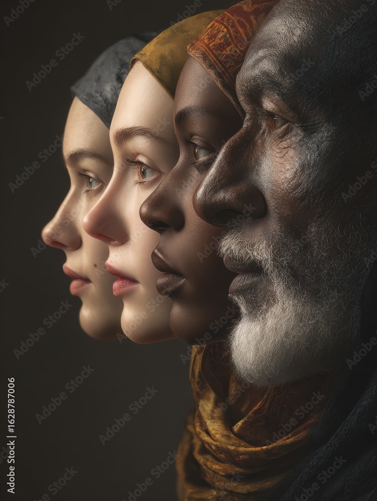 Poster diverse faces unified vision five individuals from various ethnicities stand in profile their gazes 