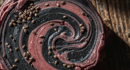 Obraz premium Abstract Swirls: Textured Pink and Black Spiral with Botanical Elements Artisanal Craft Close-Up