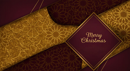 Fototapeta premium Elegant Merry Christmas Card with Gold Ornamental Pattern, Luxurious Holiday Greeting Design, Decorative Seasonal Template