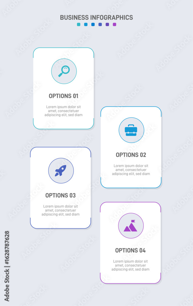 Poster vertical progress bar featuring 4 arrow-shaped elements, symbolizing the four stages of business str