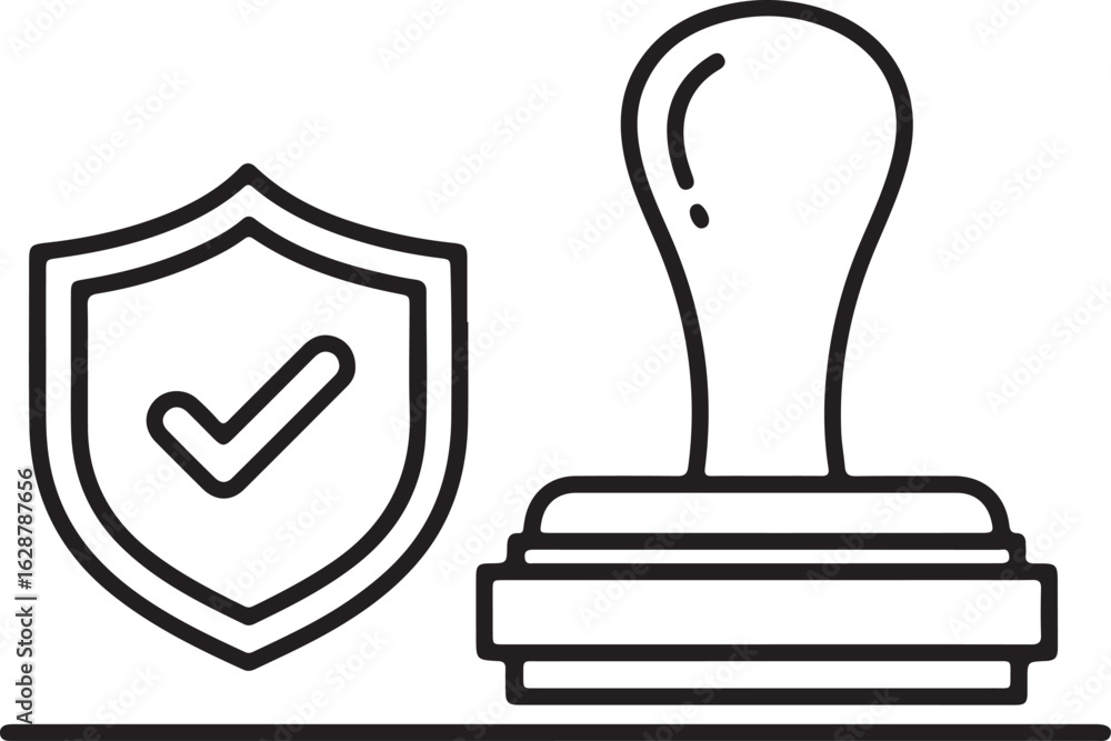 Poster assurance and approval symbolism a shield with checkmark beside a rubber stamp represents verificati