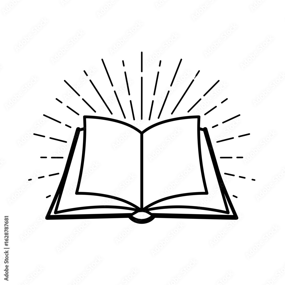 Poster Open book with rays of light in simple line art design  