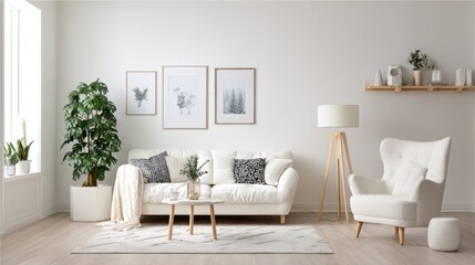 white home interior with sofa armchair posters lamps and rug no logos no brands ar 169